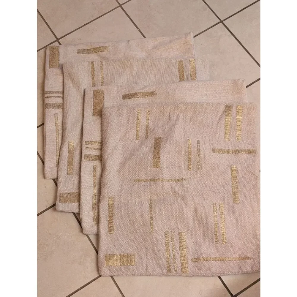 Lot Of 4 West Elm Embroidered Metallic Pillow Cover Belgian Flax Jute Linen Gold